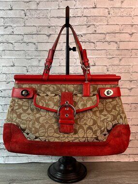 Coach Soho Handbag Signature Ladies Beige Red Canvas Leather 6876